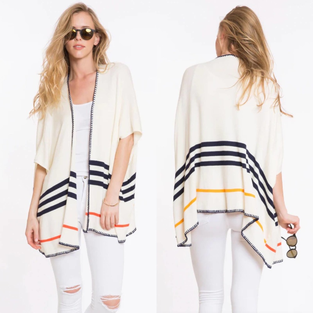 Marine Layer Cream Open-Front Stripe Wrap with Navy, Orange & Yellow Accents